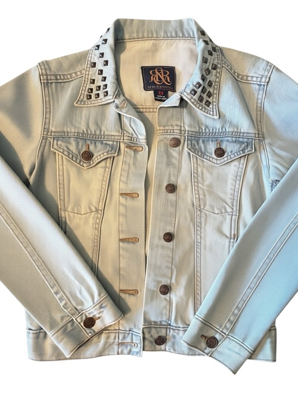 Rock & Republic Y2K Grunge Studded Denim Jacket XS Coastal Cowboy Biker Western